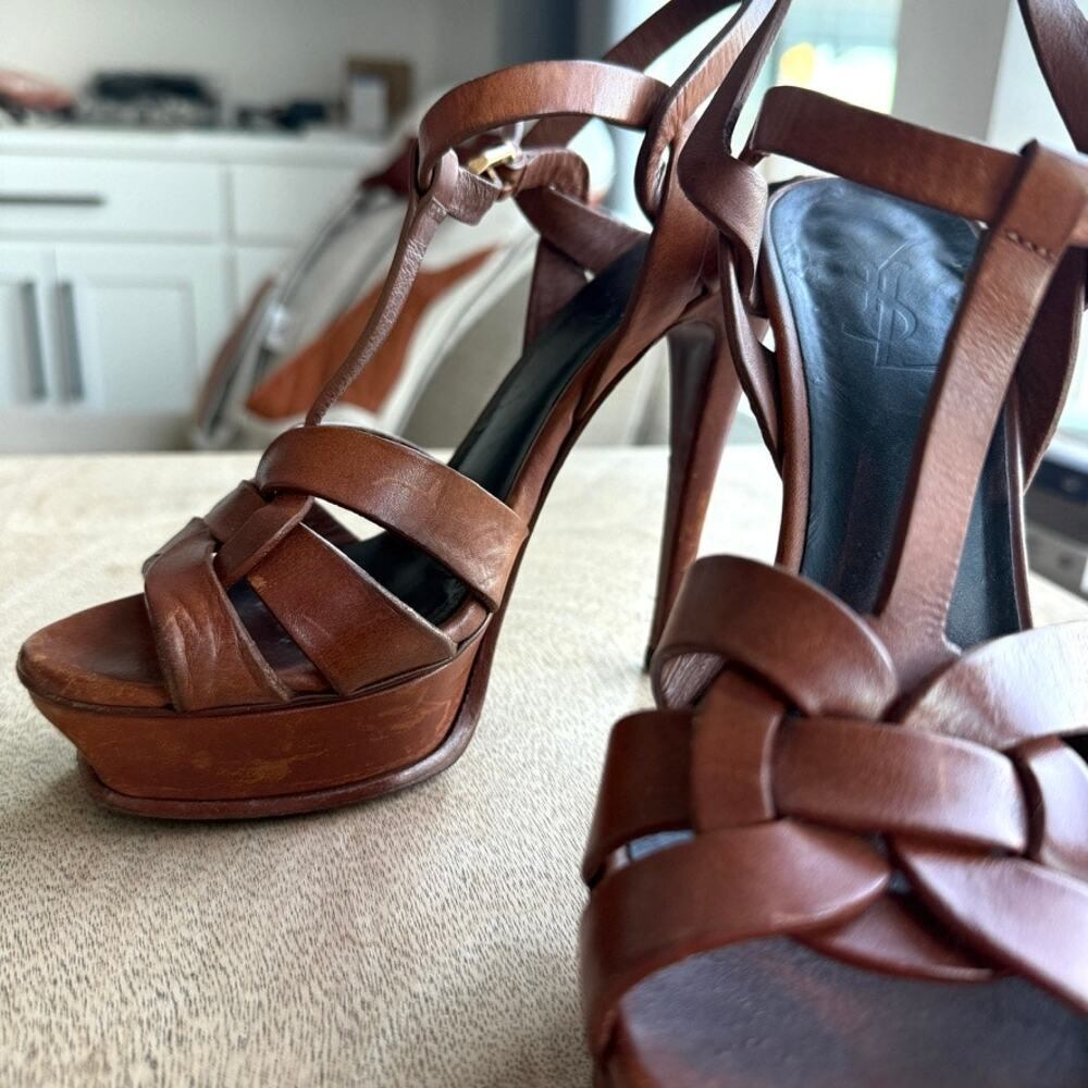 YSL SAINT LAURENT Tribute Platform Sandal Heel Cognac Leather 37.5 Italy Strappy - Picture 6 of 14
